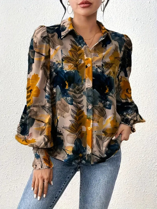 Women's Casual Lapel Collar Shirt with Leaf Print