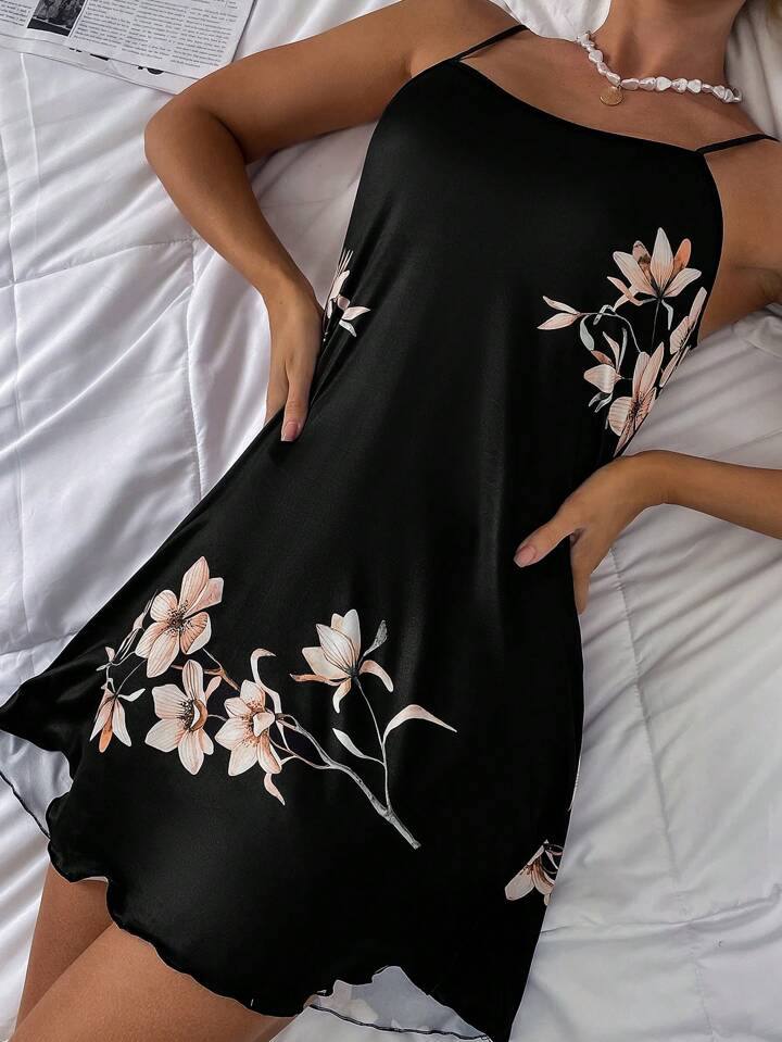 Black Floral Print Satin Sleep dress