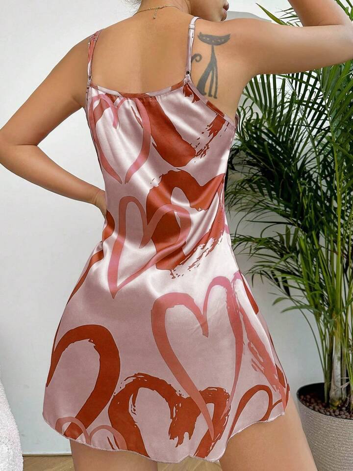 Heart Printed Contrast Binding Cami Night Dress