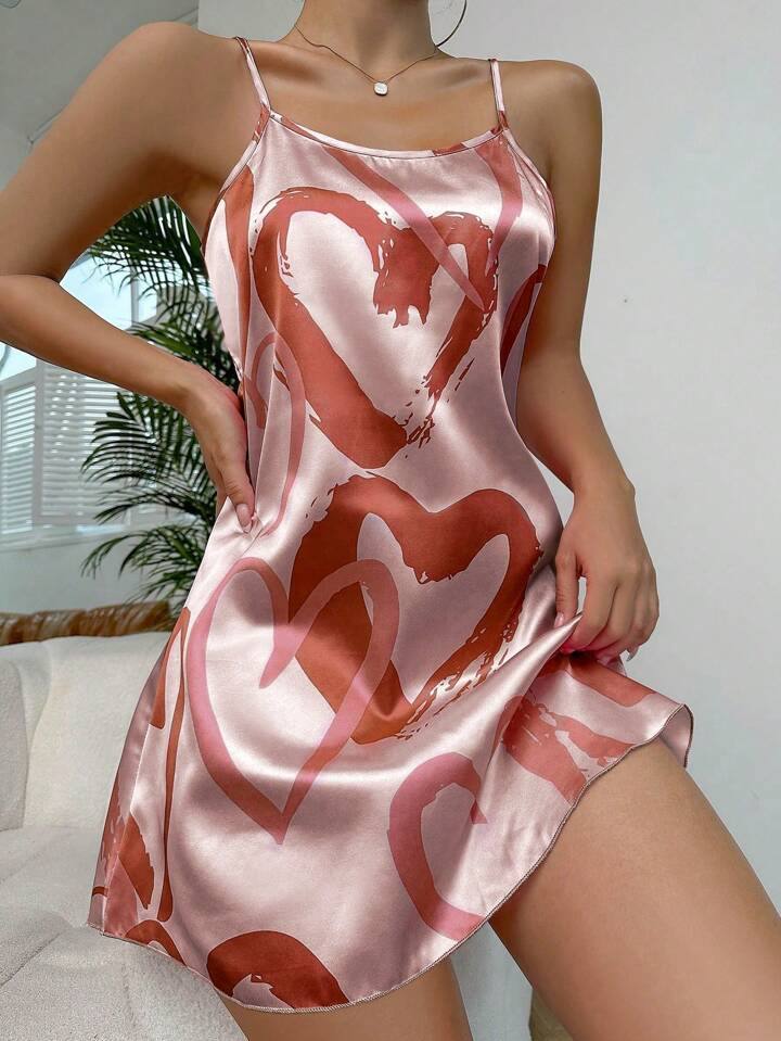 Heart Printed Contrast Binding Cami Night Dress