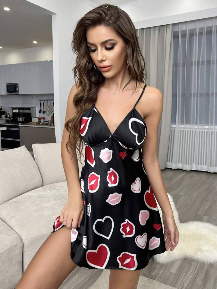 Black Heart Printed Contrast Binding Cami Night Dress