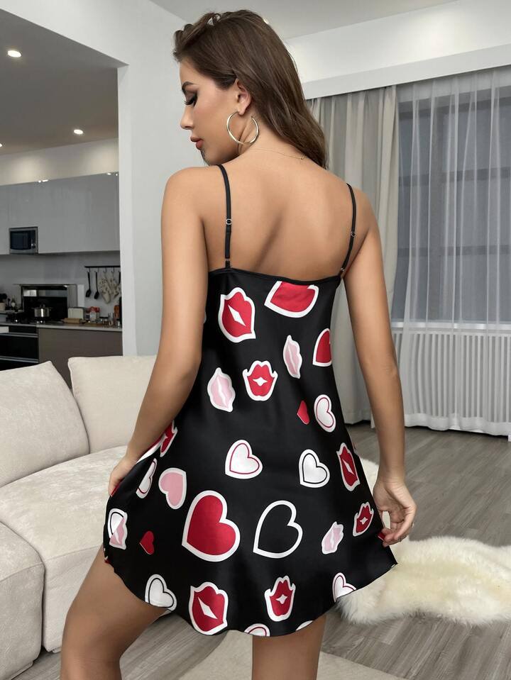 Black Heart Printed Contrast Binding Cami Night Dress