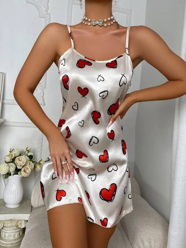 Heart Printed Contrast Binding Cami Night Dress