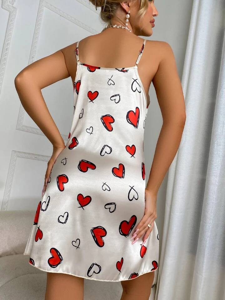 Heart Printed Contrast Binding Cami Night Dress