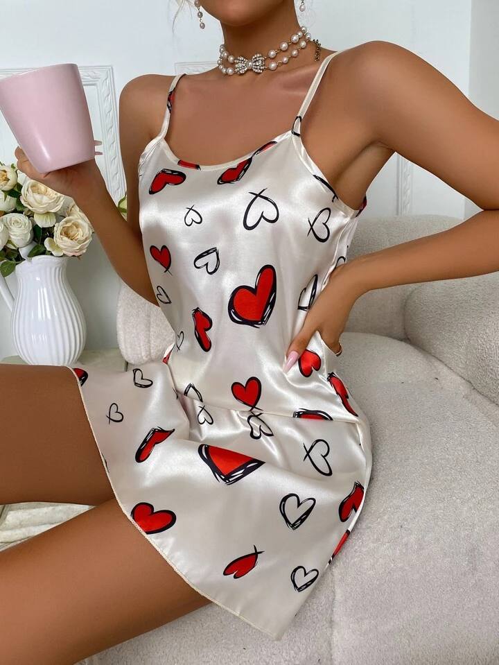 Heart Printed Contrast Binding Cami Night Dress