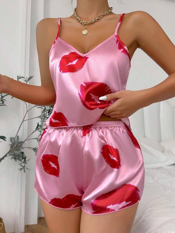 Lip Print Satin Cami Top & Shorts Pajama Set