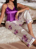 Women's Floral Print Satin Elegant Pajama Set, V Neck Backless Cami Top & Pants sleep dress