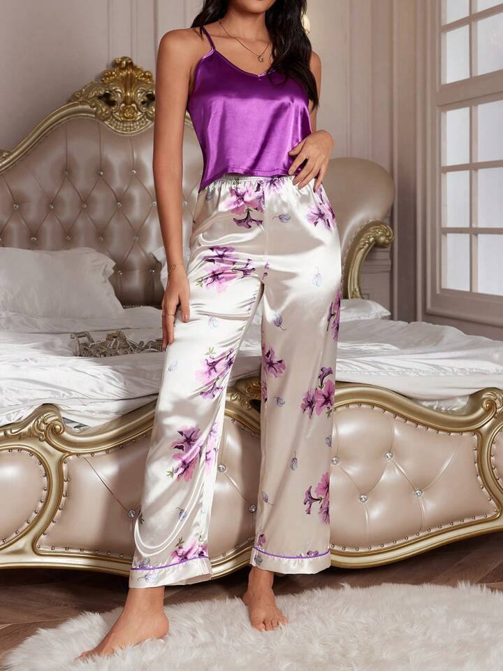 Women's Floral Print Satin Elegant Pajama Set, V Neck Backless Cami Top & Pants sleep dress