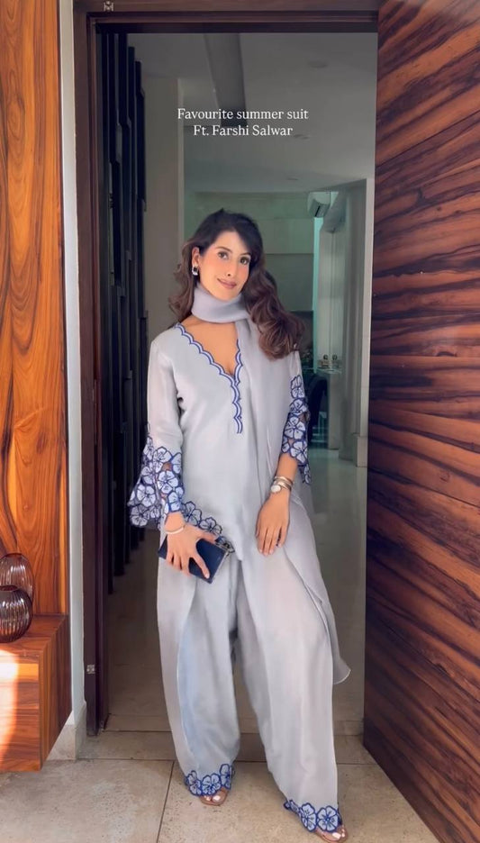 Timeless Powder Blue: Farshi Salwar Set with Delicate Floral Accents