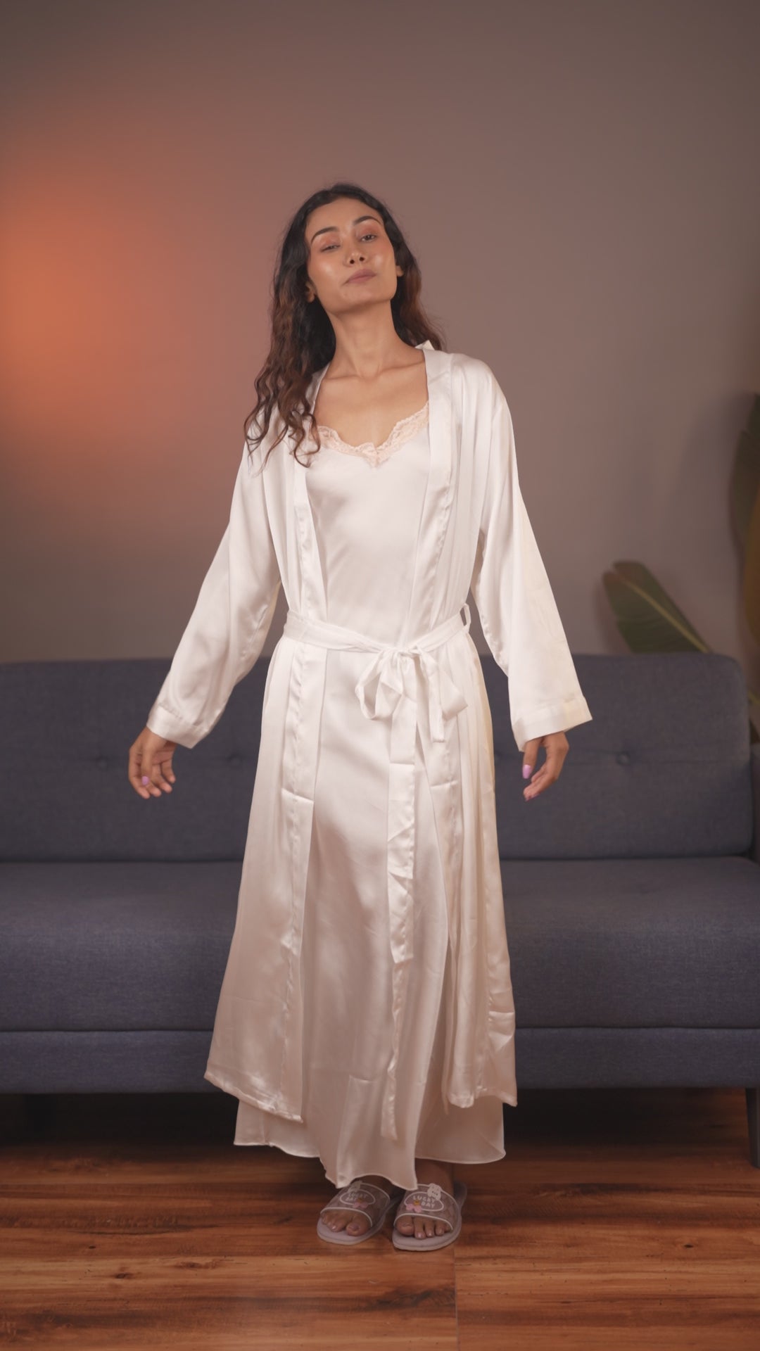 White Satin Robe Set for Women with Lace Detail