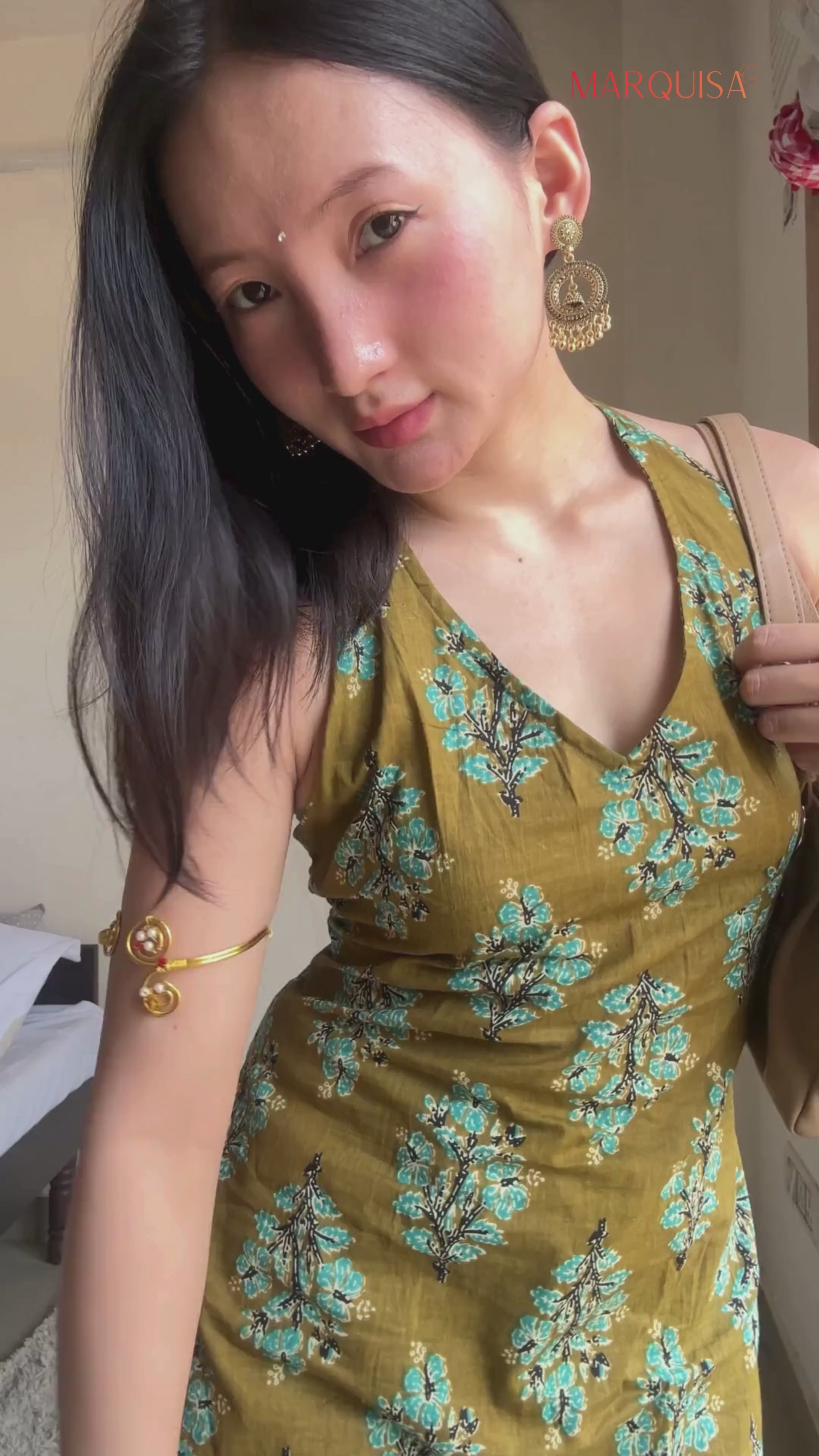 Olive Green Printed Halter Neck Tunic for Women