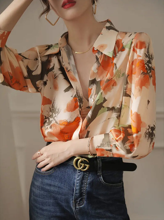 Spring & Fall Floral Ink Print Slimming Shirt
