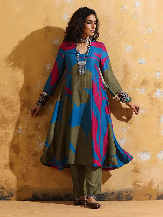 Green Blue Printed Muslin Silk Kurta with Pants